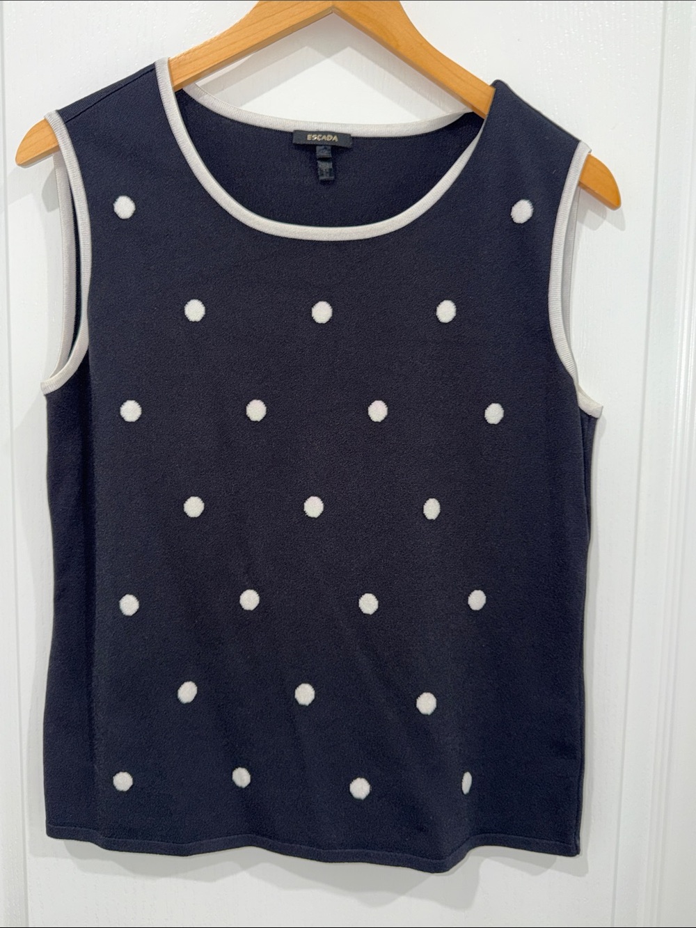 Escada sleeveless tank top ivory polka dot pattern & ivory trim vintage 80s